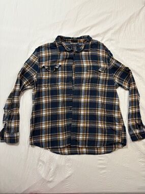 Lucky Brand Navy and Mustard Plaid Flannel Shirt